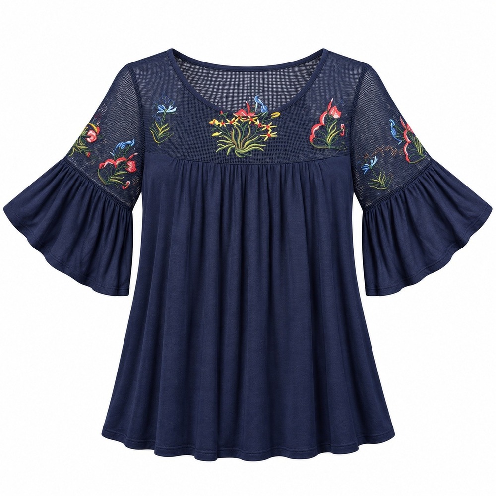 Liz Claiborne Career Blouse M Navy Embroidered Mesh Bell Sleeve Boho Corpcore